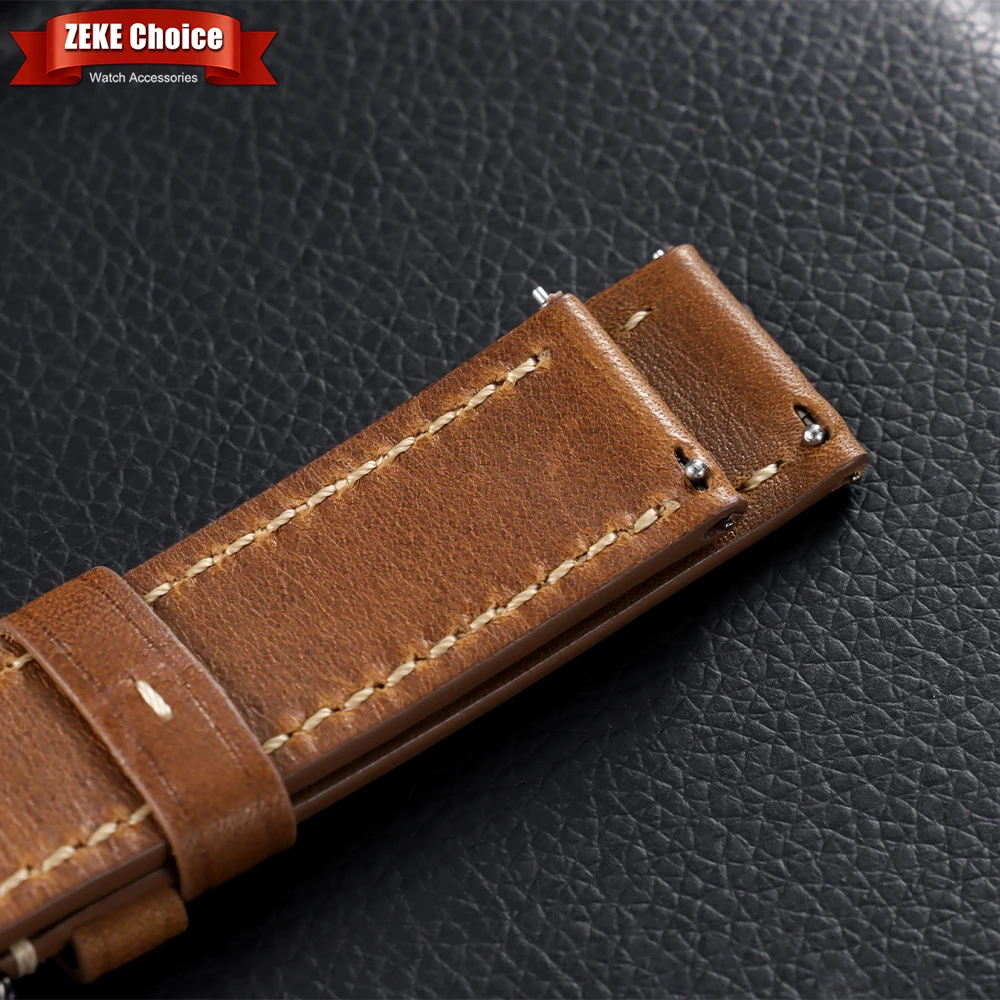 Vintage Stitching Genuine Leather Watch Straps for Men - Quick Release Replacement Top Grain Band