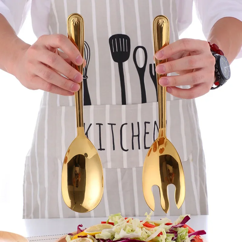 Big Salad Spoon Fork Set Stainless Steel Kitchen Food Server Pasta Utensils Public Gold Tableware Buffet Restaurant Tools tableware set stainless steel kitchen utensils