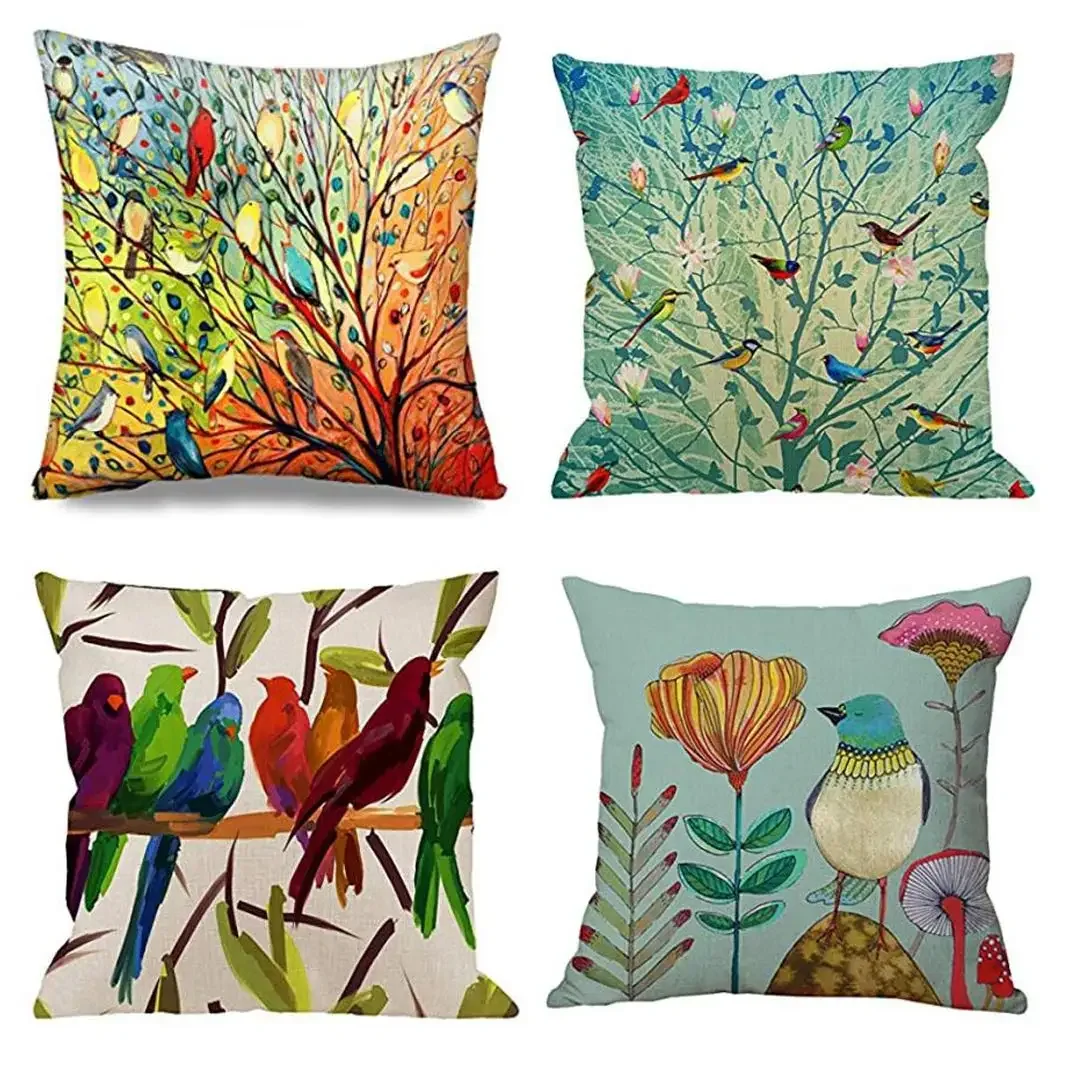 

Branch bird flower linen pillowcase sofa cushion cover home decoration can be customized for you 40x40cm One Sides