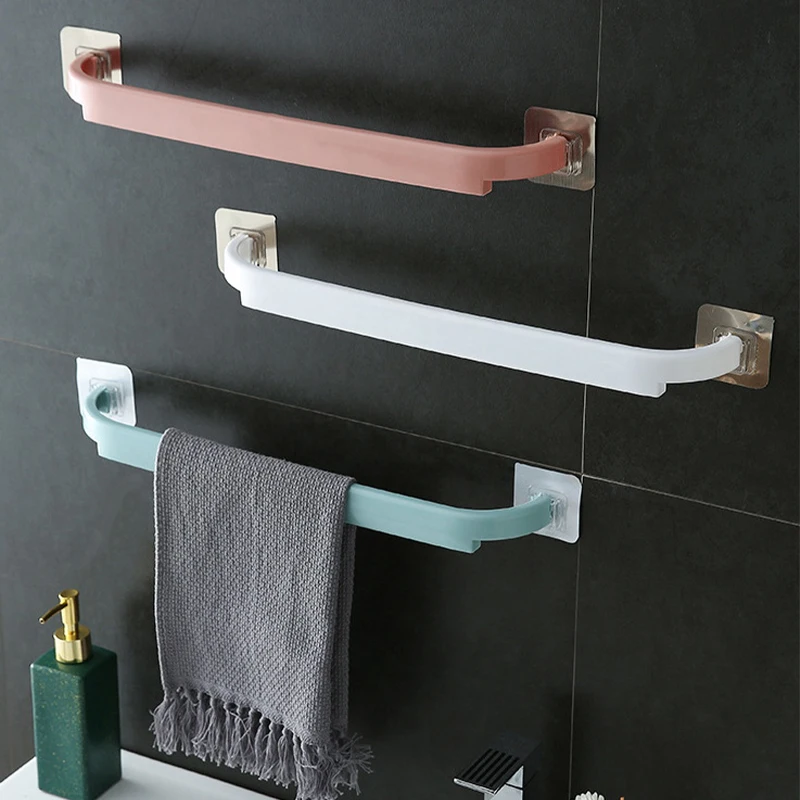 1Pc Adhesive Towel Rack Bathroom Towel Bar Shelf Wall Mounted Towels Hanger Toilet Suction Cup Holder Kitchen Bathroom Organizer