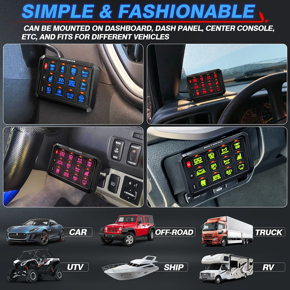 Mictuning 8/12 Gang RGB 스위치 패널 Led 작업 표시 줄 스위치 범용 자동차 용 박스 컨트롤러 트럭 보트 UTV 4X4 4WD