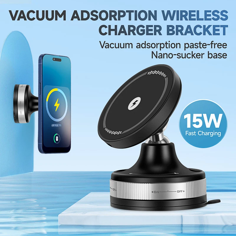 360° Rotation Car Vacuum Chucks Holder & 15W Magnetic Wireless Charger Stand For iPhone 17~12 Samsung Xiaomi Cellphone Bracket
