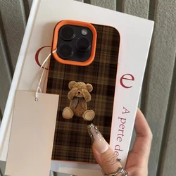 Cute Brown Plaid Bow Bear Pattern Phone Case - Soft Air Cover - iPhone 15 Plus (Orange - YYDSW3288)