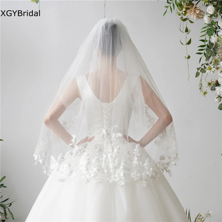 

Wholesale White Ivory Short Wedding veils Lace Appliques Bridal veils Wedding accessories vestidos de novia Una pieza