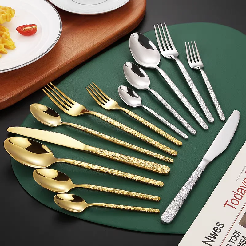 Hammered Golden Cutlery Set ,Stainless Steel Tableware Dinnerware Includes Forks Spoons Knives,Mirror Polished,Dishwasher Safe