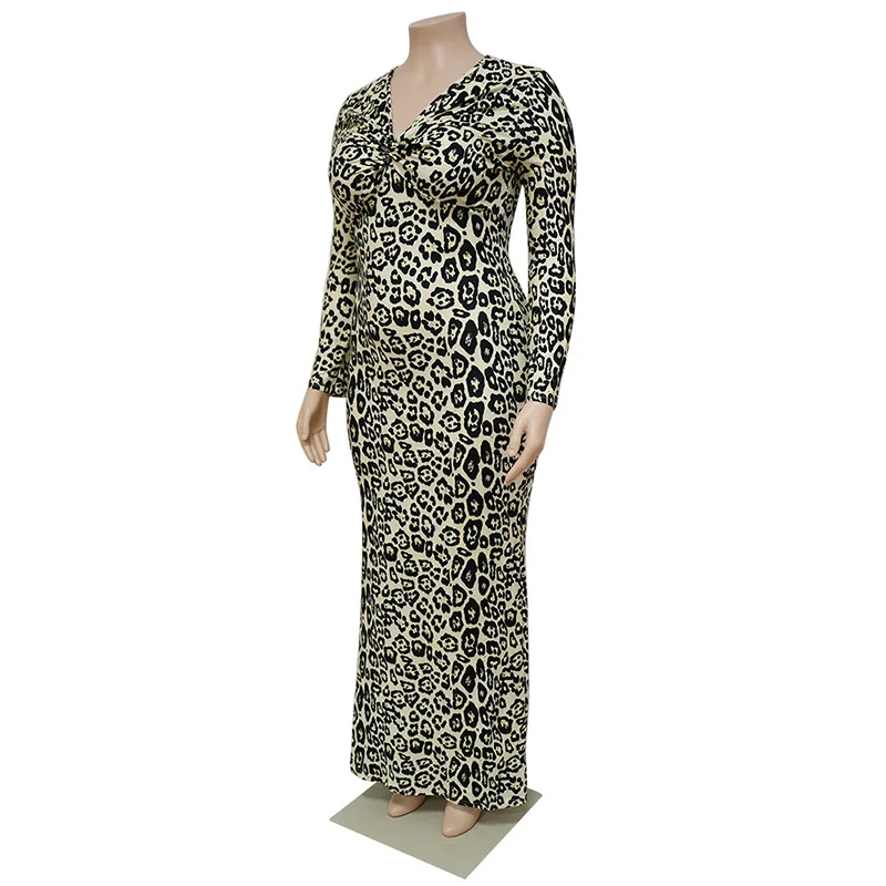 Nightclub Fashion Leopard Printing Long Sleeve Plus Size for Women Autumn Sexy Zipper Slim Waist Bag Hip Fish Tail Maxi Dress