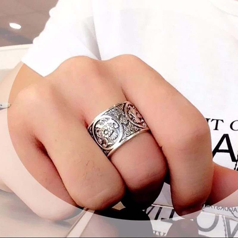 999 Sterling Silver Vintage Men Rings 4 Creatures Dragon