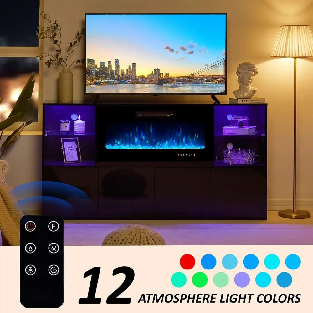 68" Fireplace TV Stand with 40" Fireplace, Modern High Gloss Fireplace Entertainment Center with LED Lights for TVs up to 78" 4