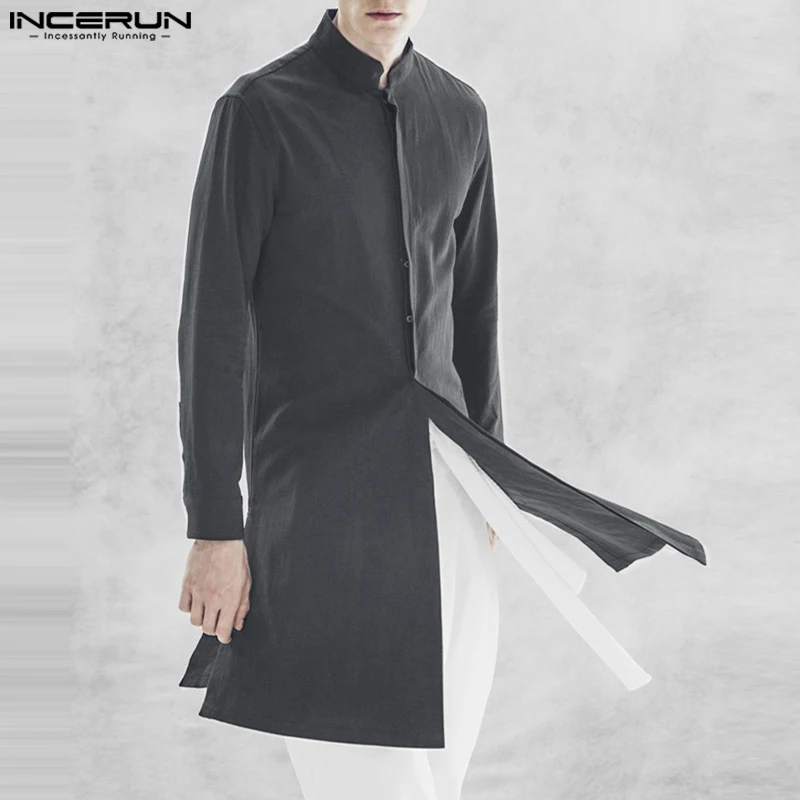 INCERUN 2023 Muslim Style Men's Solid Color Shirts Leisure Streetwear Hot Sale Patchwork Standing Neck Long Sleeved Blouse S-5XL