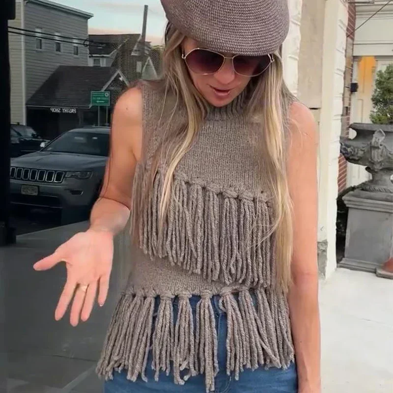 Chaleco de punto con borlas de calle para mujer, suéter de cuello medio alto, sin mangas, ajustado, camiseta sin mangas para mujer, primavera 2025, ropa de abrigo suave para mujer