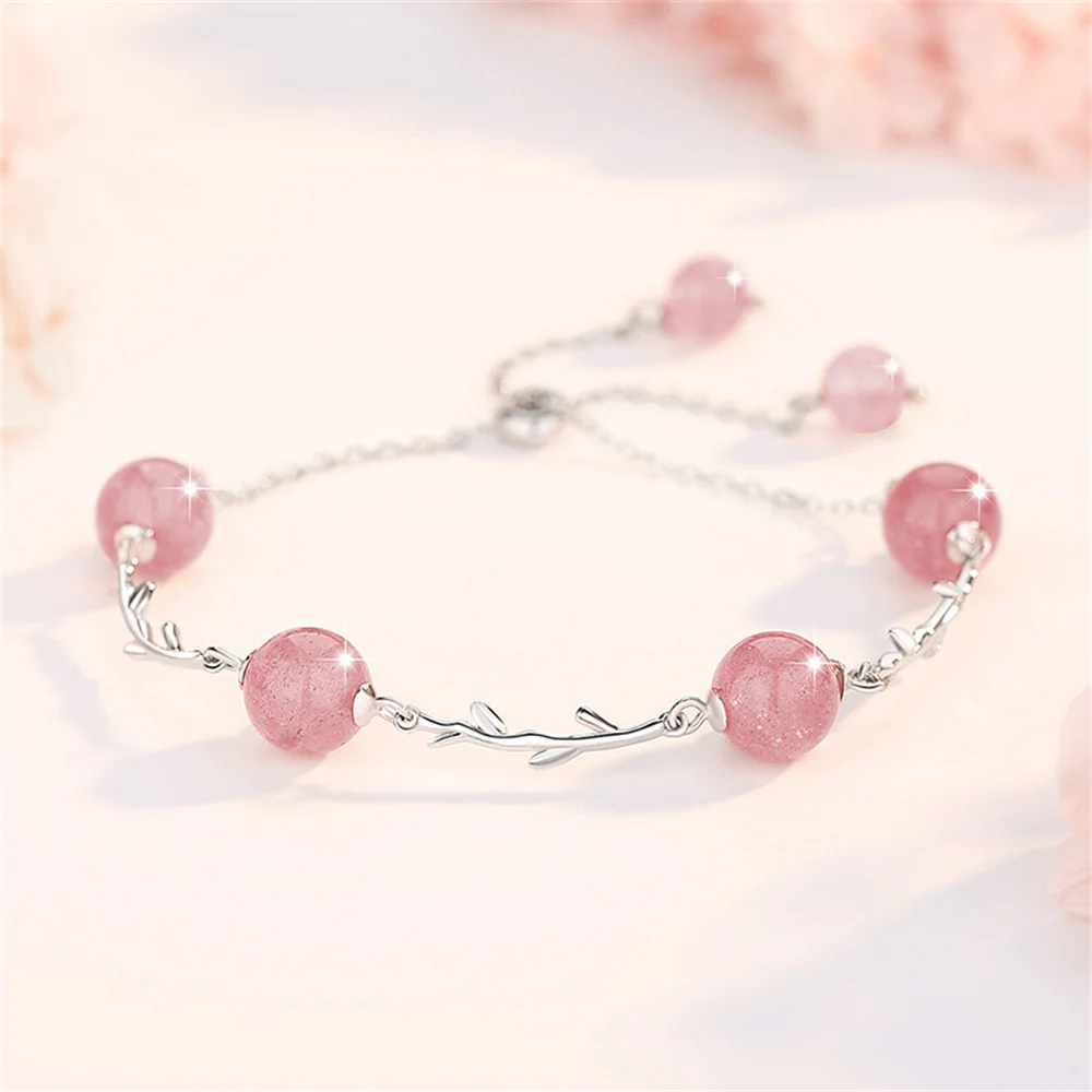 2024 Charm 925 Sterling Silver Fashion Pink Natural Bead Strawberry Crystal Chain Bud Bracelet For Women Classical Jewelry Gift