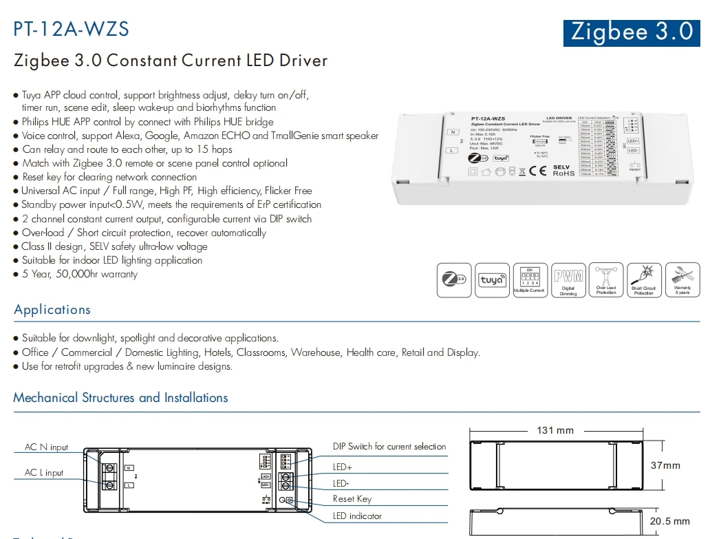 Skydance 10-42VDC 2CH*( 100-700mA) 12W Zigbee Constant Current LED Driver with Tuya APP cloud control Voice control