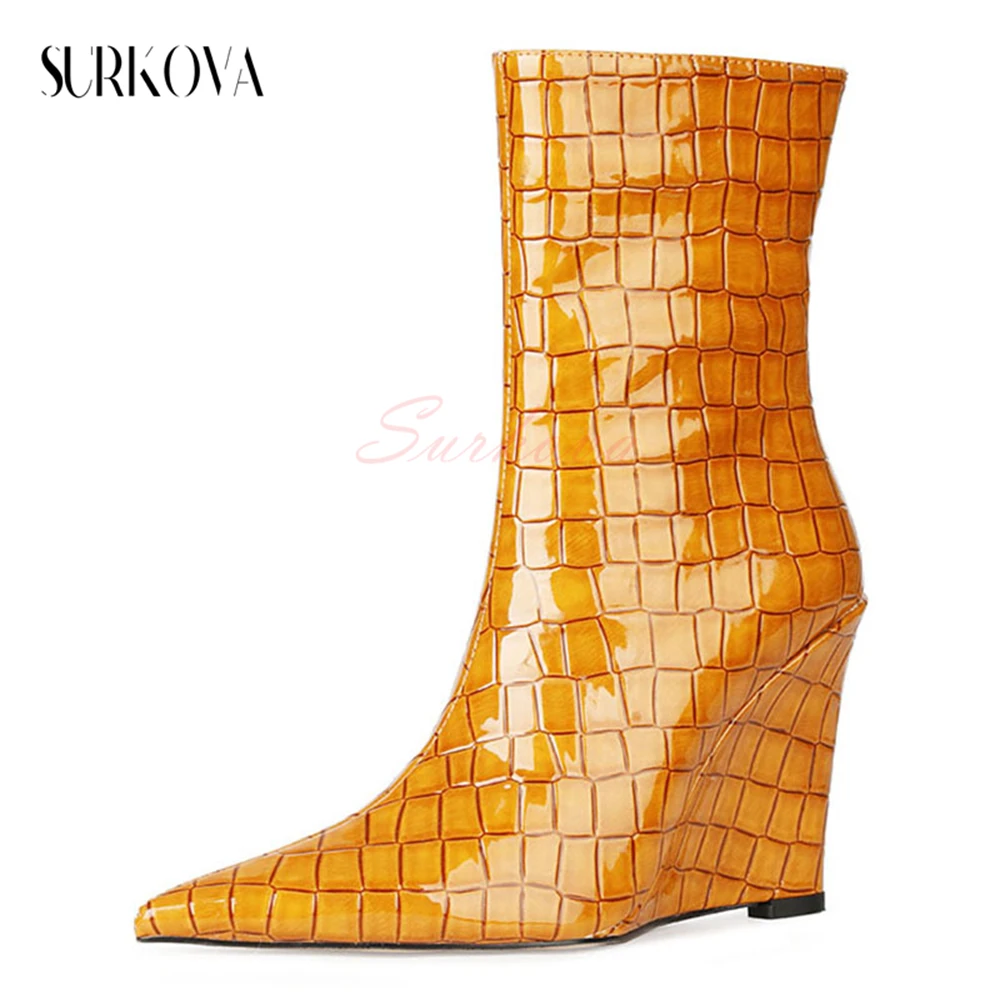 

Stone Print Patent Leather Wedge Ankle Boots Side Zipper Point Toe Sexy Fashion Women's Boots Runway High Heel Female Boots New