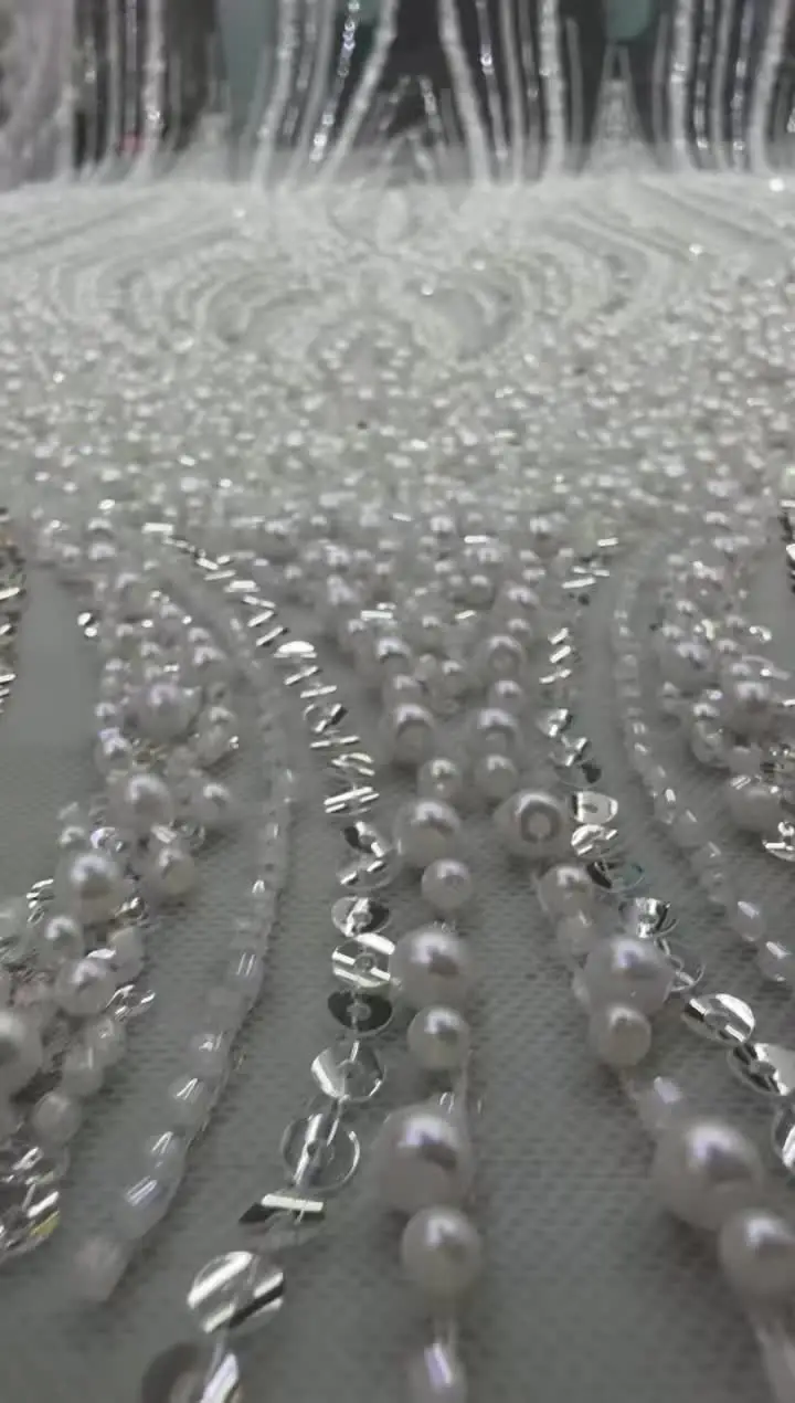 Кружевная ткань SNQP белая с бусинами