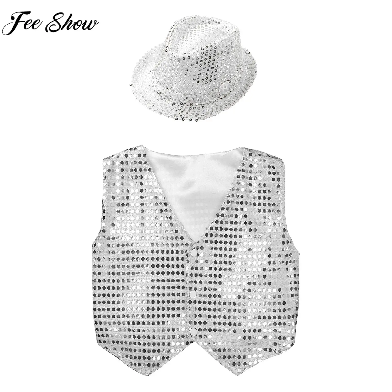 

Child Boys Sequin Jazz Dance Costume School Choir Dancewear Shiny Vest with Hat Festival Party Cosplay Performance Waistcoat