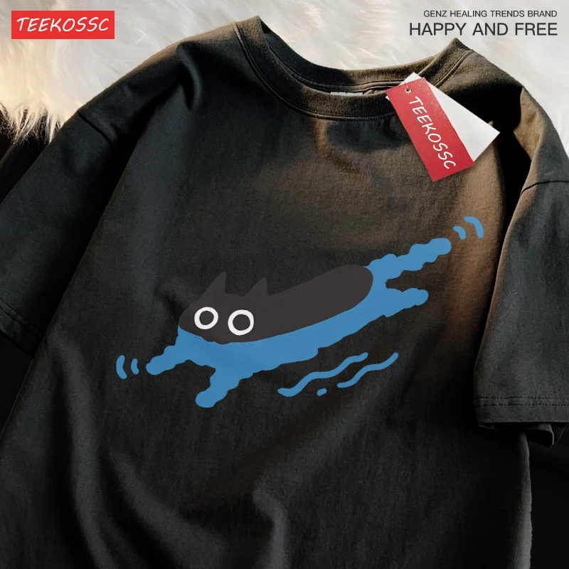 Couple Tees Swimming Black Cat Diving Shoulder Short Sleeved T-shirt For Men Women Breathable Casual Pure Cotton Loose Clothes