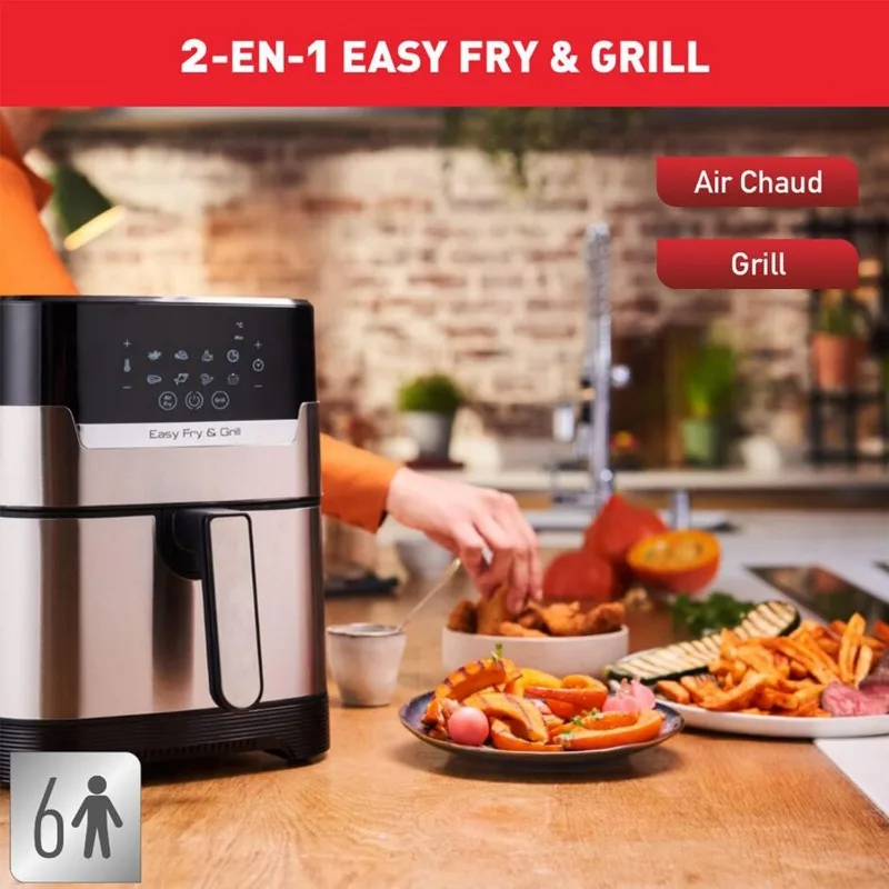 Moulinex Friteuse sans huile XXL + gril, 6,5 L, 8 personnes, 8 programmes,  Séparateur Flexcook double cuisson (3,25 L chacun), Air fryer, Frites,  Grillades, Poulet rôti, Easy Fry & Grill XXL EZ801810 