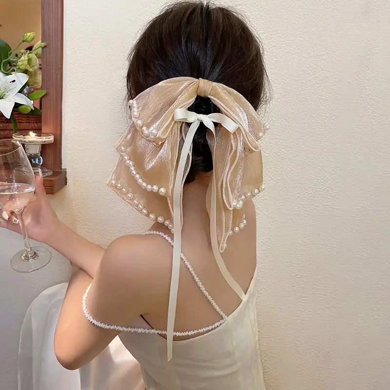 여성용 우아한 나비 매듭 진주 머리 집게, 섬세한 머리핀 바레트, 포니테일 클립 머리 장식, 한국 스타일 헤어 액세서리