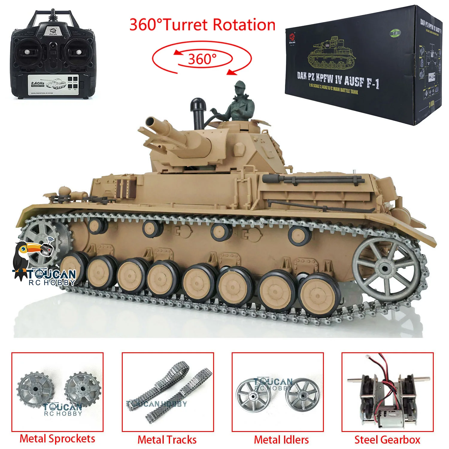 헝롱 1/16 7.0 업그레이드 독일 Panzer IV F RTR RC 탱크 3858 메탈 트랙 장난감 (남아용) TH17382