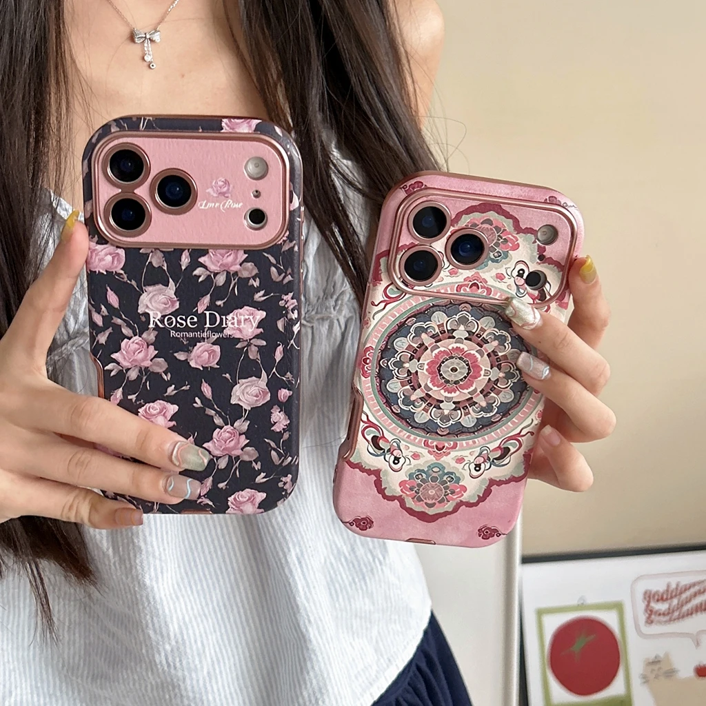 Vintage Rose Totem Lace Design Shockproof Phone Case with Camera Lens Protection