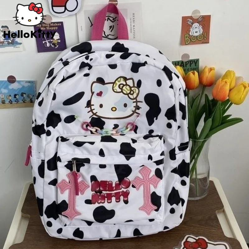 

Рюкзак с принтом Hello Kitty для женщин, оригинальный вместительный школьный ранец Sanrio с молочным рисунком, нейлоновая водонепроницаемая сумка на плечо для девушек