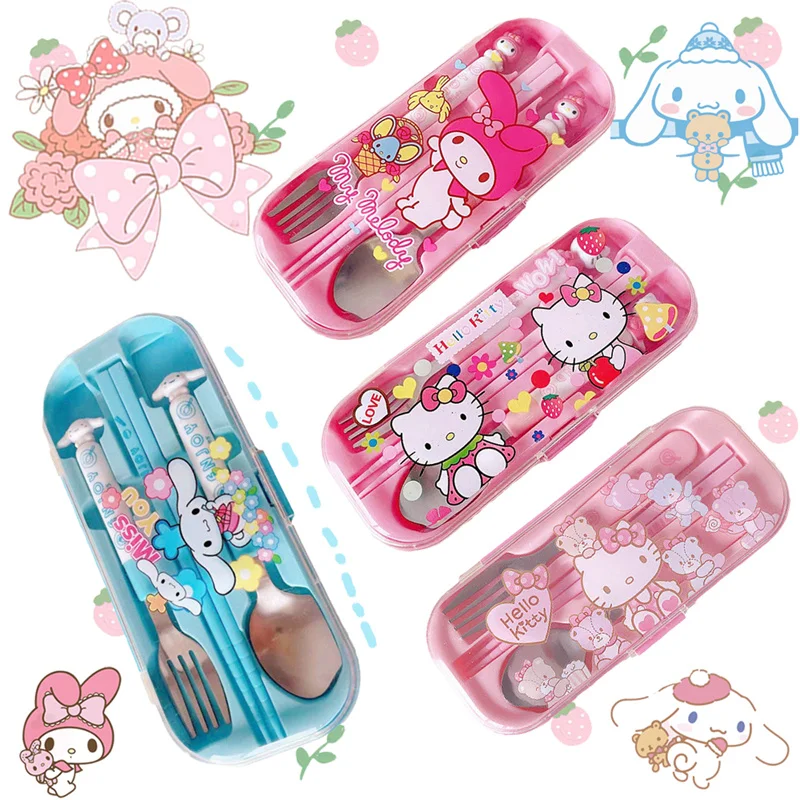 

Kawaii Sanrioed Hello kitty Cinnamoroll Kuromi Spoon Fork Chopsticks Portable Suit Kawaii Cute Kid Cutlery Set Toy Gift 15CM