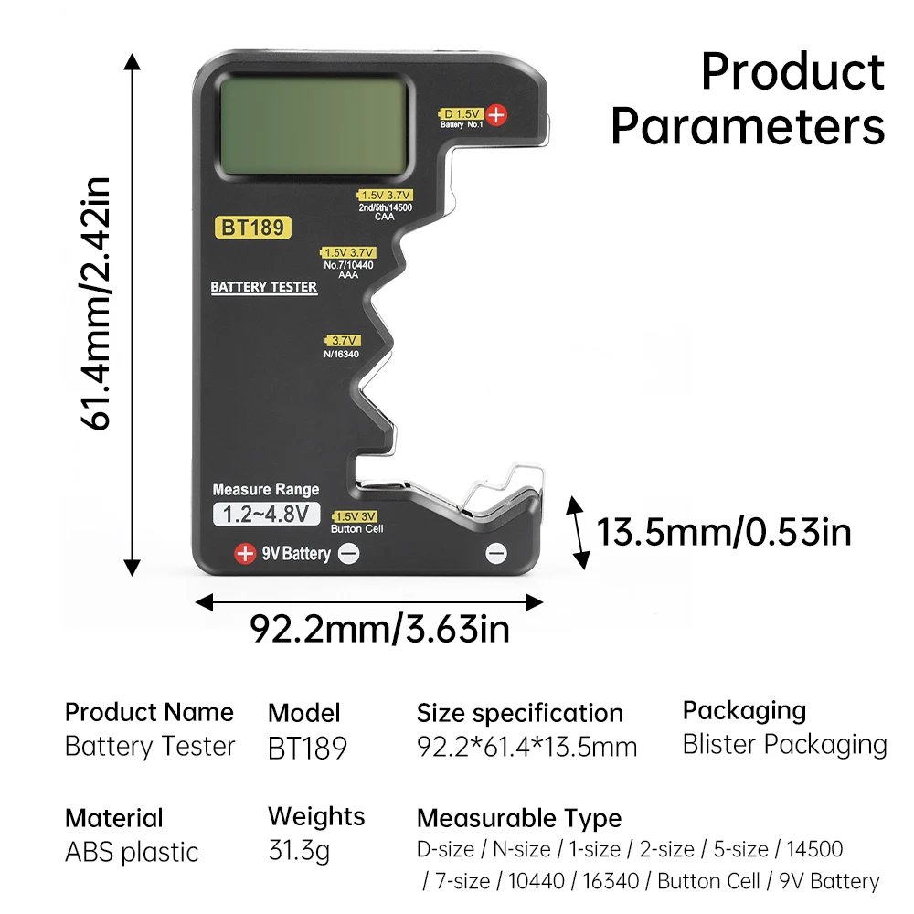 BT189 Battery Tester LCD Display Universal Battery Checker for AA AAA 9V 1.5V/3V Button Cell Batteries Monitor LED Digital 6