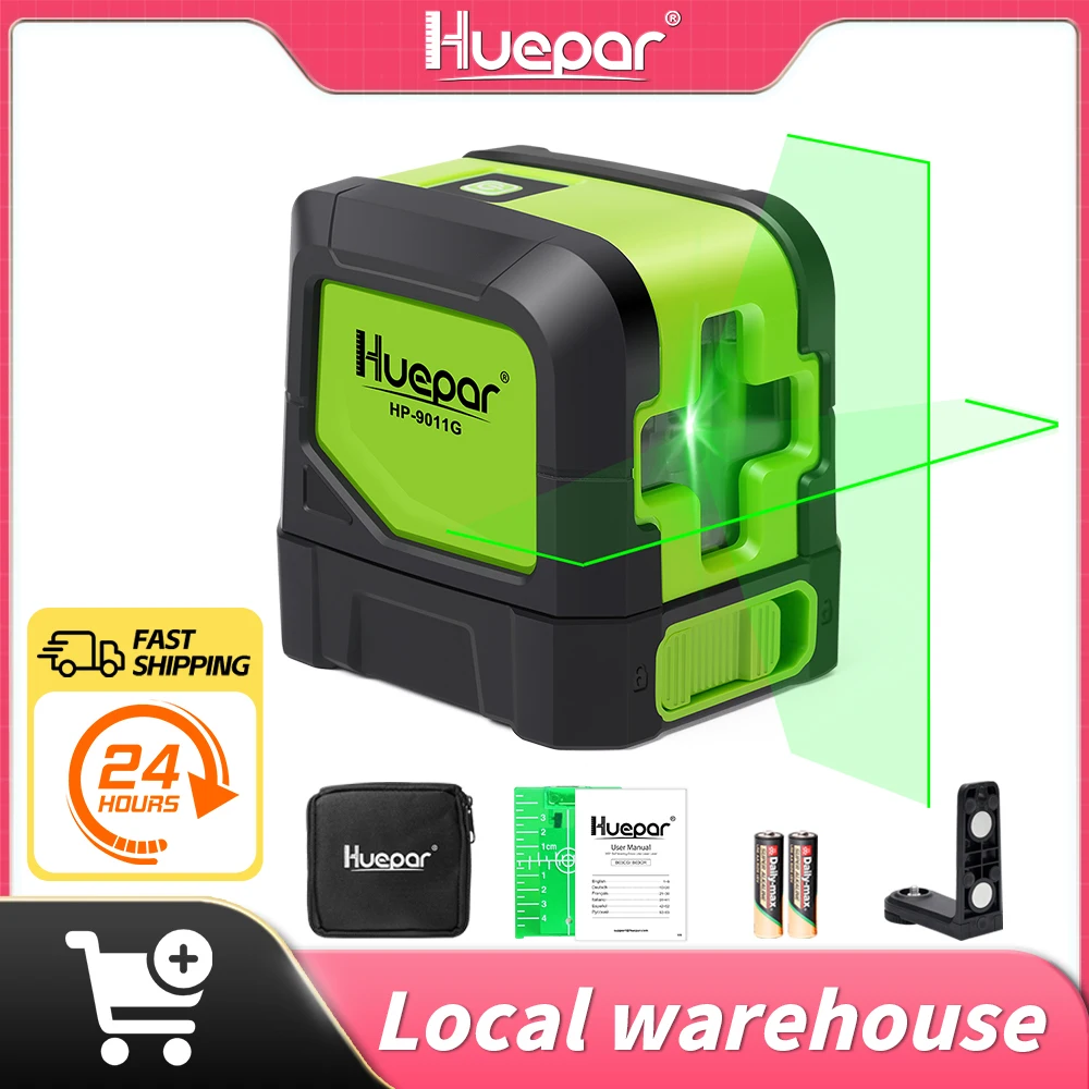 Huepar 2 Lines Laser Level 9011G 3D Cross Line Laser Self-Leveling Horizontal and Vertical Green &Red Beam Magnetic Base