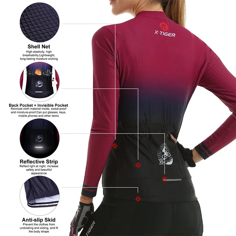 X-Tiger Women's Cycling Jersey Spring Bicycle Long Sleeve Mountain Breathable Uniform Maillot Ciclismo Anti-UV Bike Jerseys