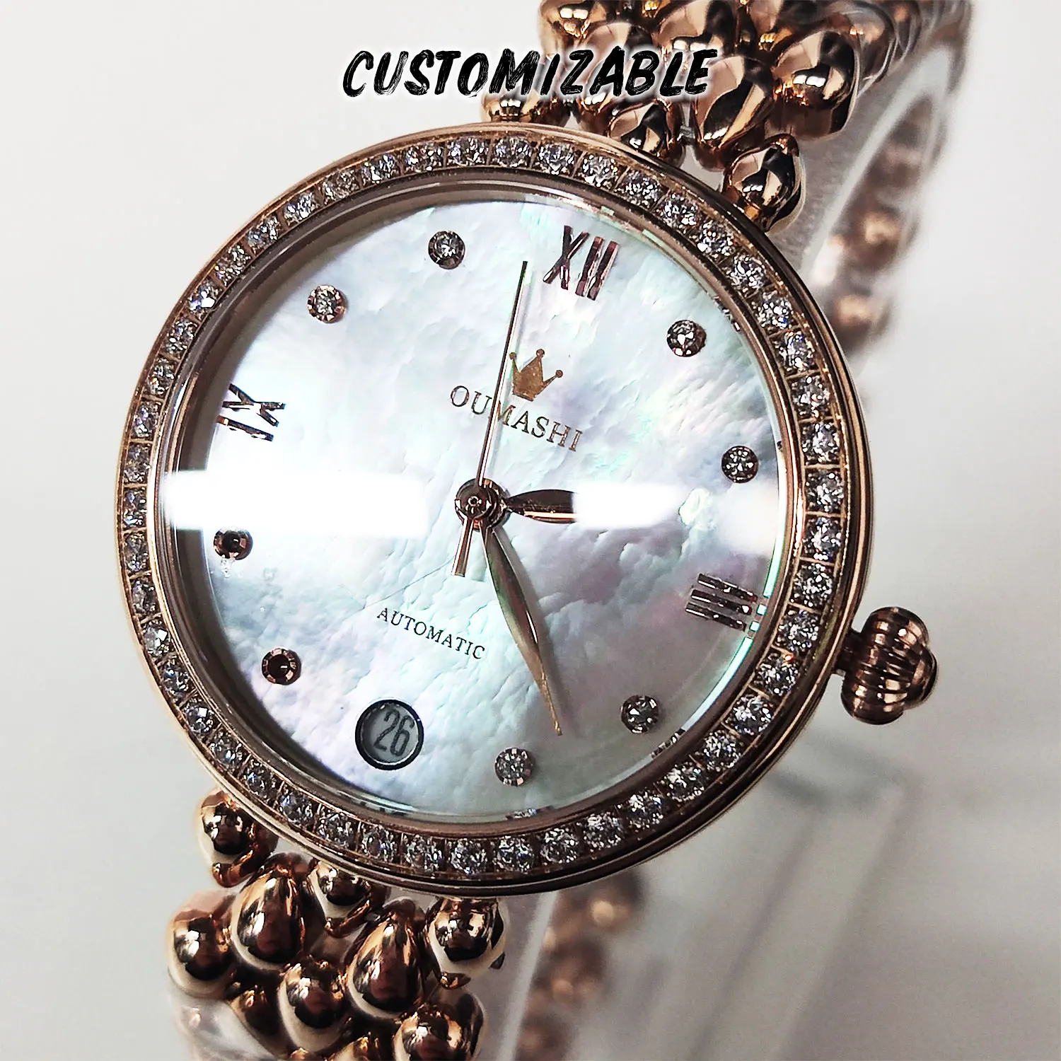 Women's Watch 32.5MM MIYOTA 8215 Automatic Watch Customizable Luxury Fashion Retro Diamond Bezel Dial Hollowed Bottom Date at 6 6