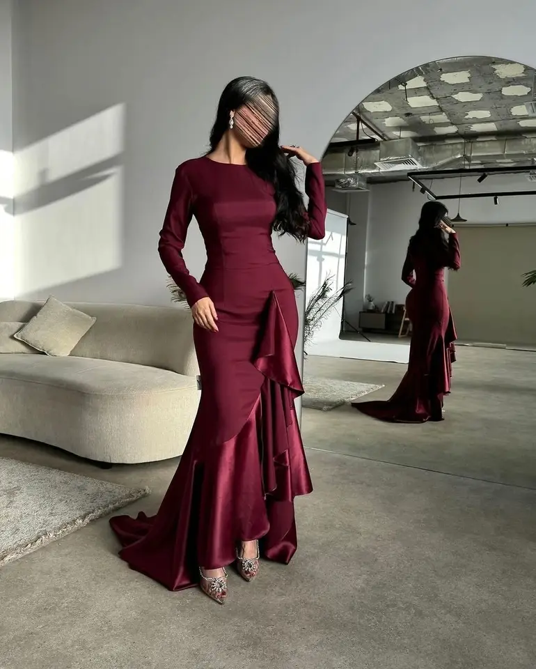 Burgundy Mermaid Evening Dresses Long Sleeve Formal Dress Floor Length  Satin Prom Gowns    - AliExpress 320