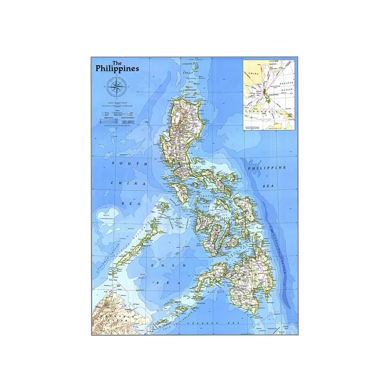 Philippines Map 1986 Decorative Hanging Picture 100x150cm Non-woven Detailed Poster Wall Chart Retro Paper Kraft Paper
