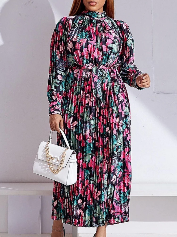 

African Dresses For Women Dashiki New Spring Autumn Pleated Fashion Elegant Print Office Lady Big Swing Long Dress With Belt