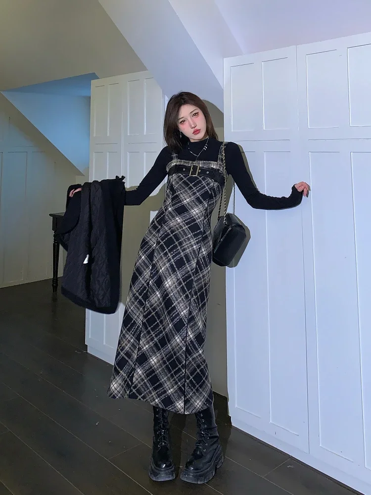 2024 Autumn Elegant Plaid  2 Piece Dress Set Women Outwear Casual Black Blouse + Vintage Slim Strap Dress Korean Fashion Suit