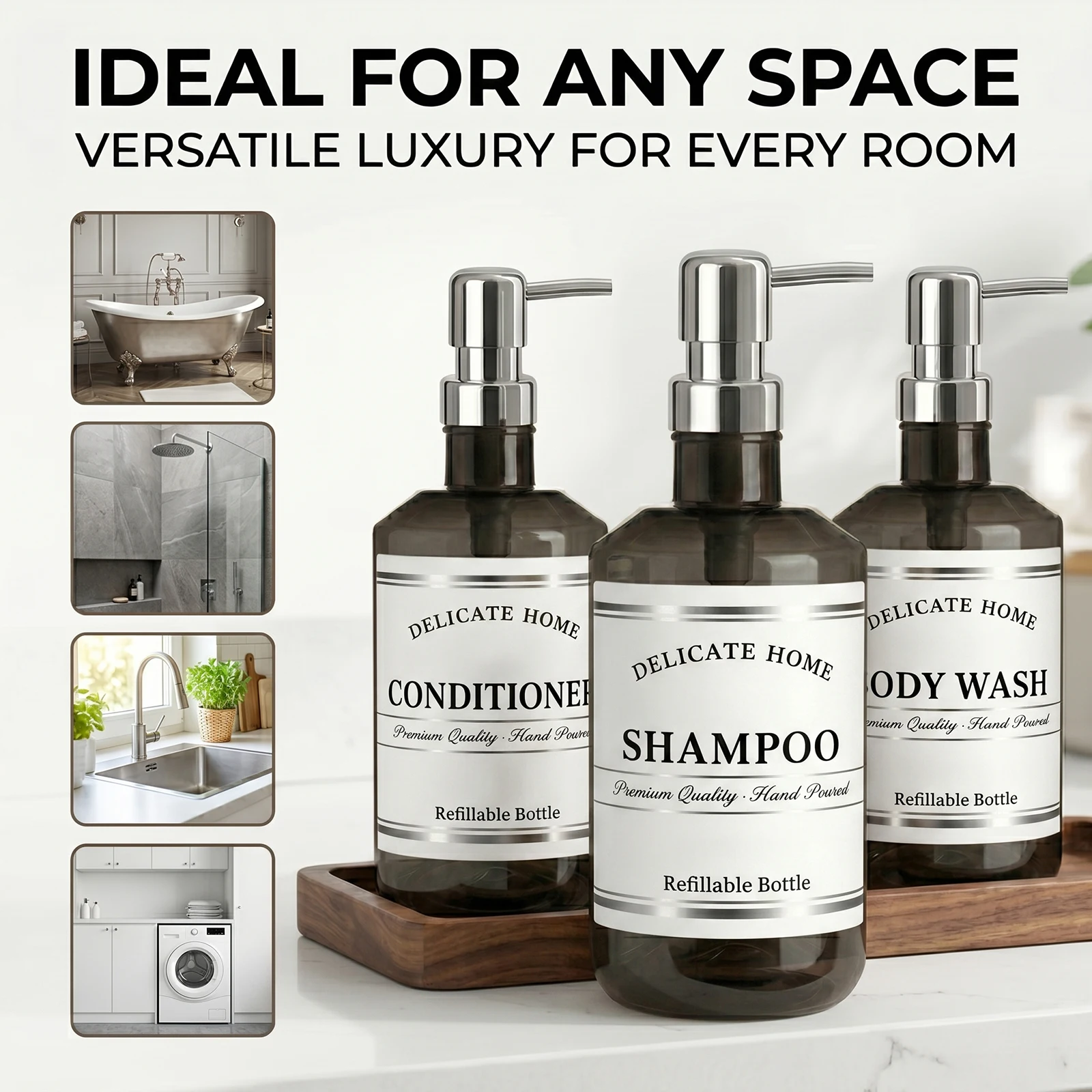 Flaconi con Pompa in Plastica per Arredo Bagno di Hotel di Lusso, Bottiglie Ricaricabili per Shampoo, Balsamo, Bagnoschiuma, Dispenser - immagine 4