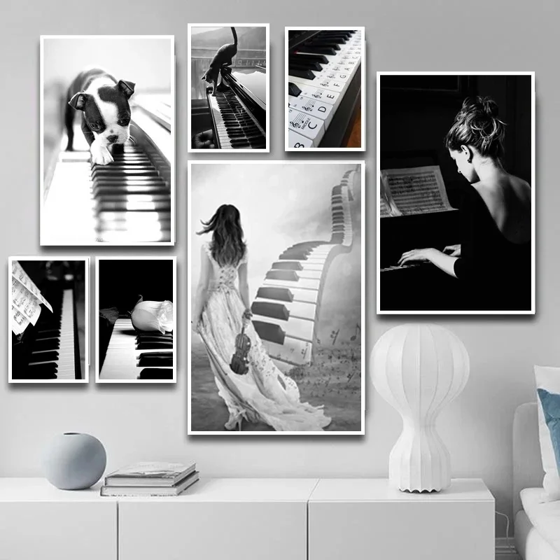 

Black and White Piano with Flowers Music Print Art Canvas Poster For Living Room Decor Home Wall Picture