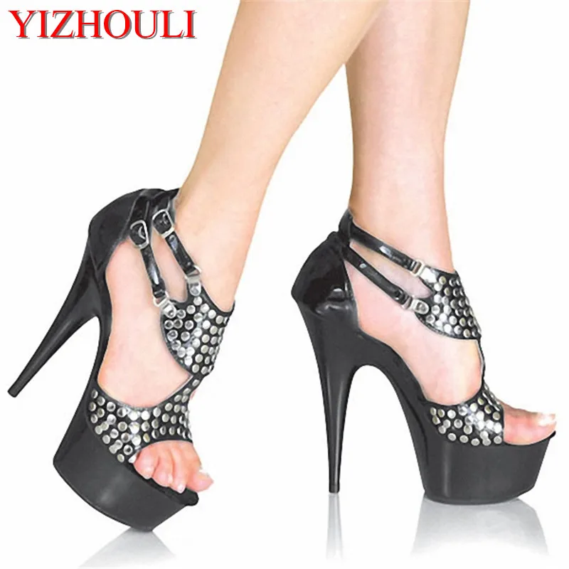 

Rivet trim uppers with tailored sandals, seductive 15cm tall thin shoes, model banquet stage dance shoes