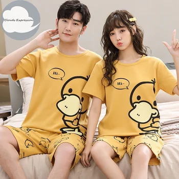 Summer Knitted Cotton Cartoon Duck Print Sleepwear Pajama Sets for Couples Short Suits Young Lovers Pajamas 4XL Homewear Fashion