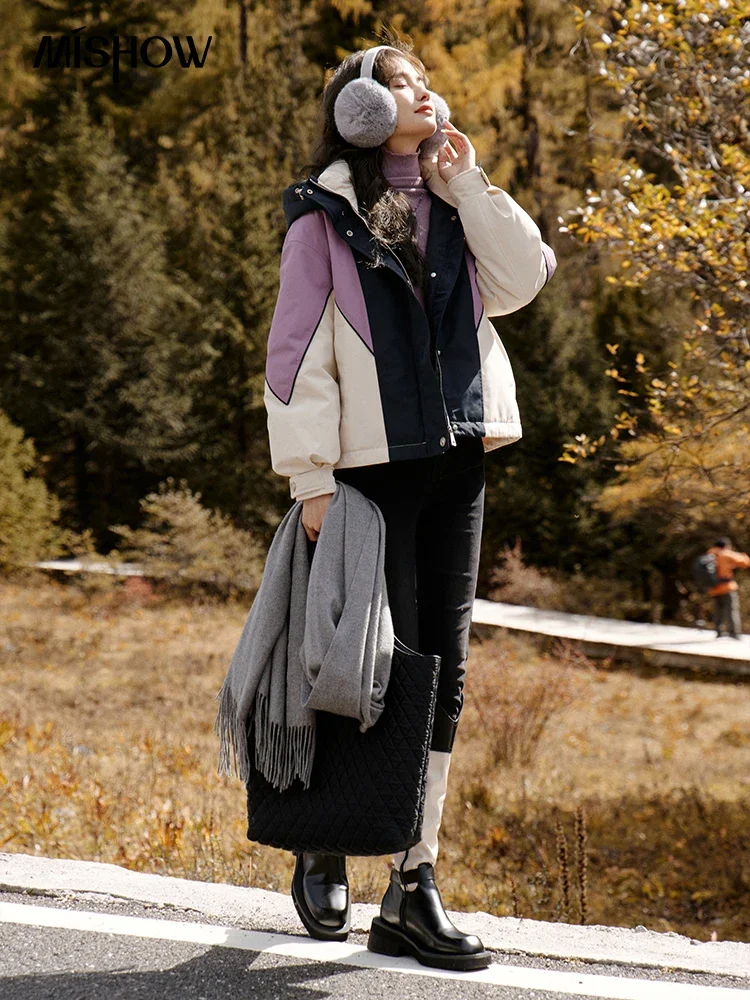 MISHOW Women's Winter Down Jacket 2023 Hooded White Duck Down Short Down Coat Korean Contrast Color Crop Loose Jacket MXC51Y0002