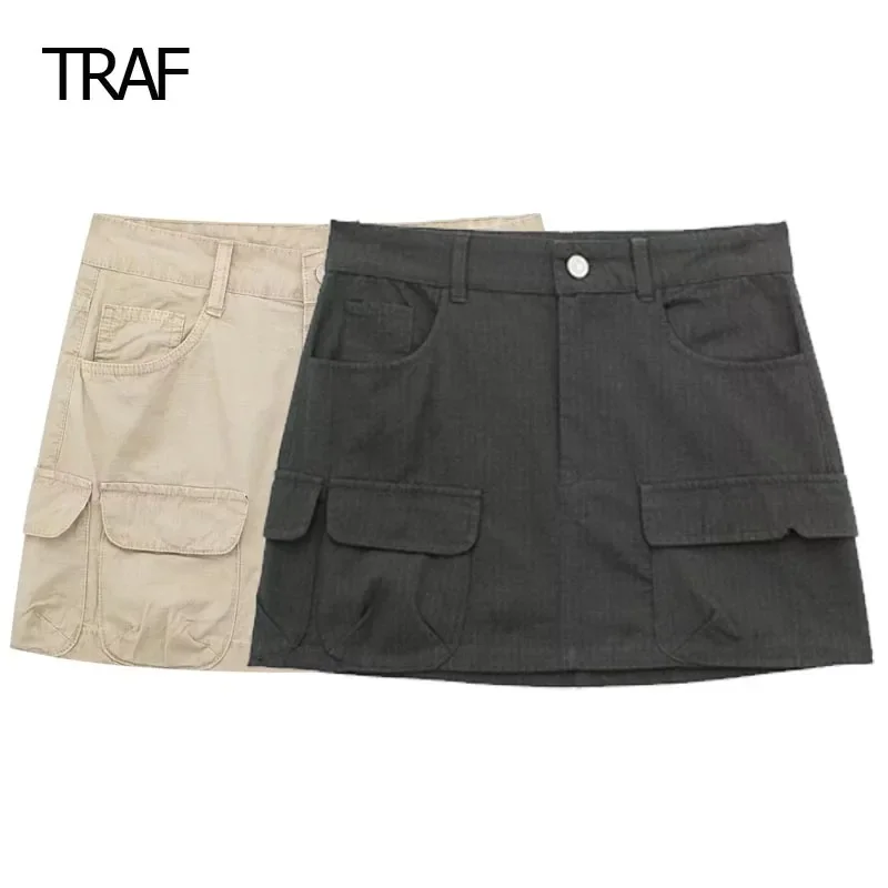 

TRAF Women's Skirt Spring Summer 2024 Mini Cargo Skirt Mid Waist Pocket Short Aesthetic Skirts Elegant Skirts For Women Fashion