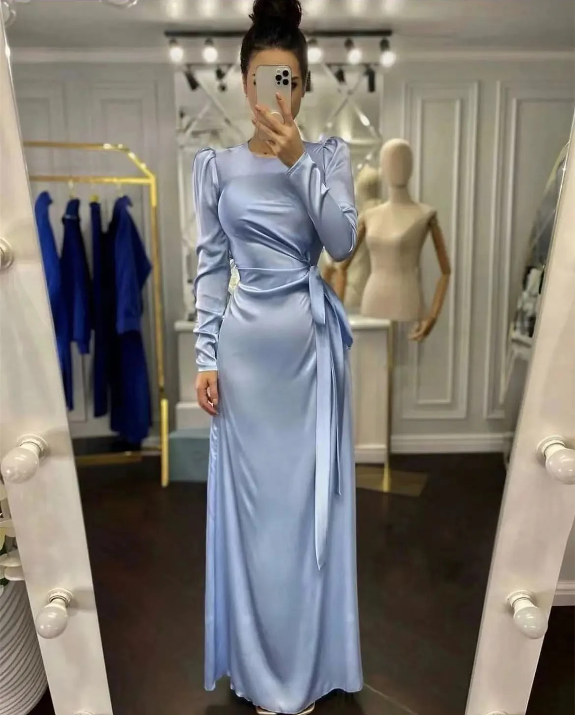 green emerald velvet dress Elegant Blue Silk Satin Sheath V Neck Spaghetti Straps Prom Dresses, MP1042 main image 1