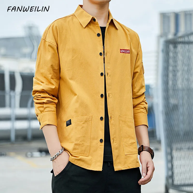 

Y2K Japanese Style Mens Yellow Longsleeve Tooling Shirts Fashion Oversize Button Up Shirt For Men Cotton Men Clothing Streetwear