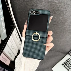 Premium Carbon Fiber Leather Magnetic Phone Case with Hinge Protection & Ring Holder - Galaxy Z Flip5 (Blue)