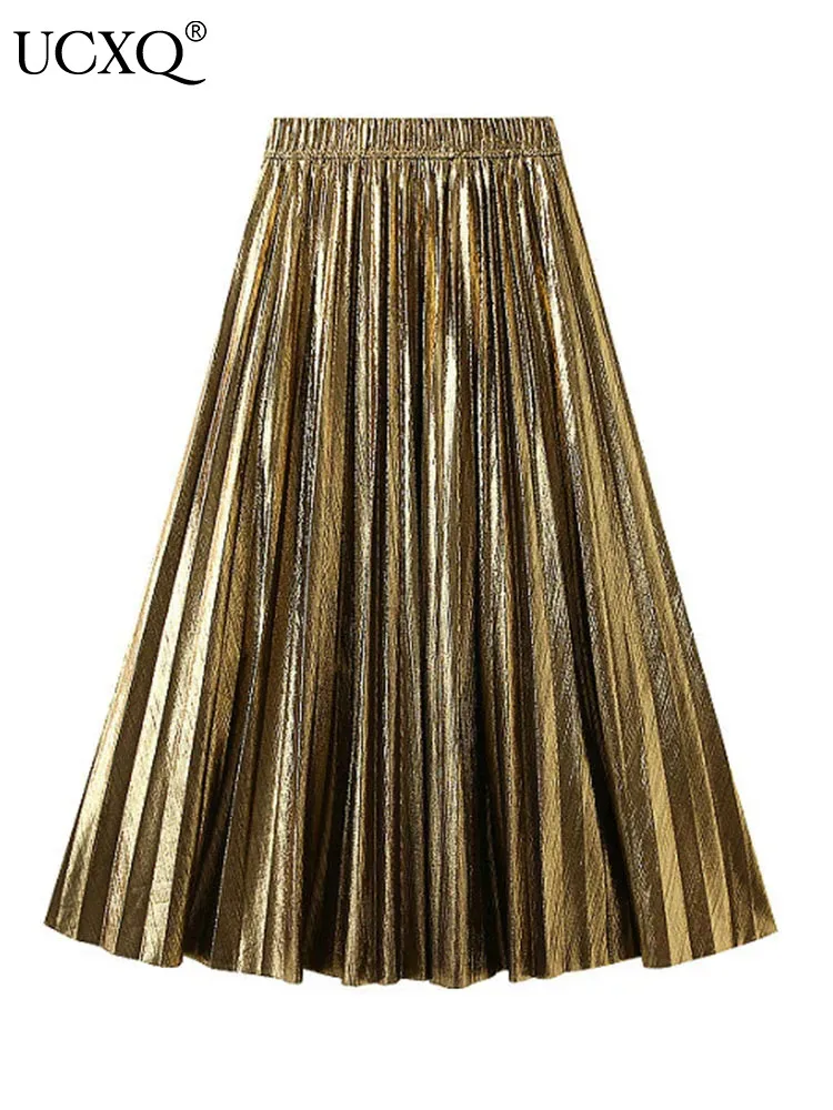 

UCXQ Solid Color High Waist Metallic Shiny Silk Organ Skirt Gold Sliver Pleated Half Skirts For Women 2024 Spring Autumn 23A7002