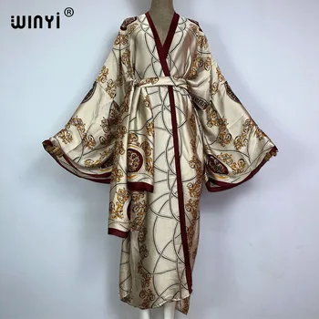 2023 KUWAIT WINYI new Muslim coat Boho Print Self Belted Front Open Long Kimono kaftan Beach Tunic Women Wrap Dresses 1