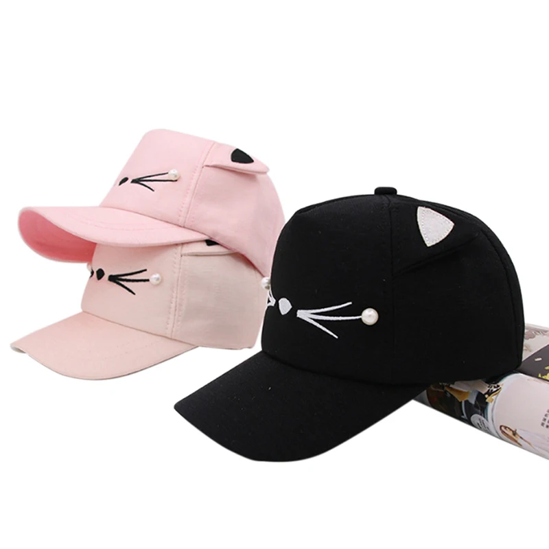 1PC Fashion Cute Cat Ears Snapback Cap Brand Street Adjustable 56- 61cm Lovely Embroidery Hat Boy Girl Pearl Baseball Cap