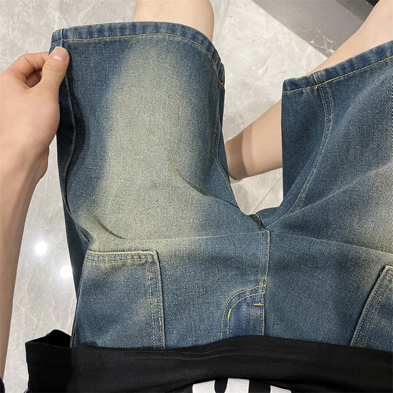 Men's Short Jeans Pants Cargo Baggy Drawstring Male Denim Shorts with Pockets Wide Loose Original Cowboy Buttons Jorts Sale A160