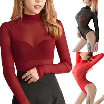 Turtleneck Long Sleeve See Through Black Red Bodysuits Club Wear Sheer Sexy Romper Shirts TOPS for Women Christmas Body Suits XL