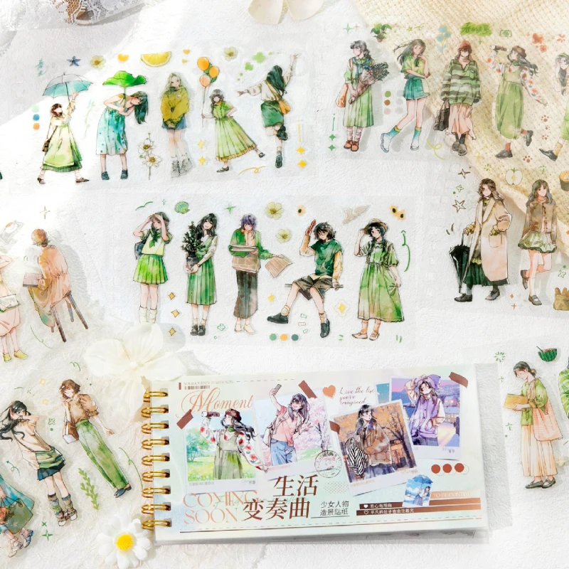 Mr.Paper 36매/북 라이프 버라이어션 시리즈 스티커, 저널 스크랩북킹용 스파이럴 PET 다이컷 소녀 캐릭터 스티커