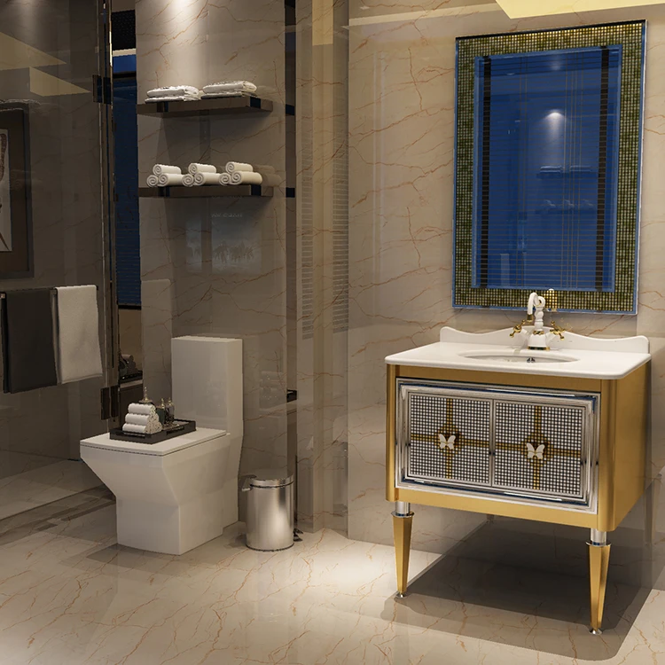 Luxury Golden Floor Standing Mirror Cabinets Single Sink Stainless Steel Bathroom Vanities 2